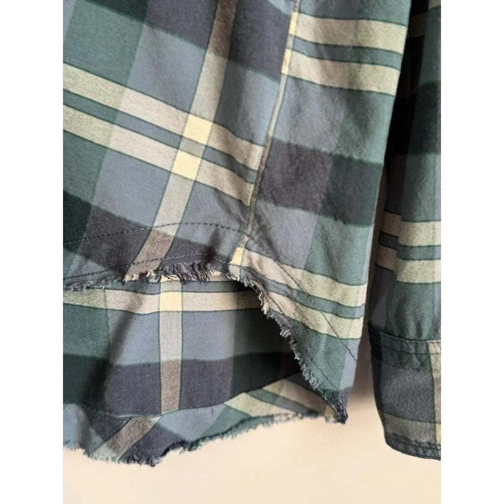 Free People Loveland Blue Plaid Top Sz Small Button Up Frayed Hem Boho Country